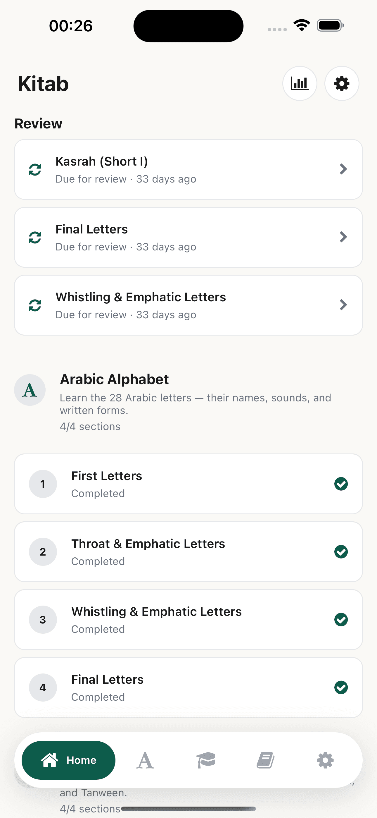 The Kitaab adult learning path showing completed Arabic alphabet lessons and review activities