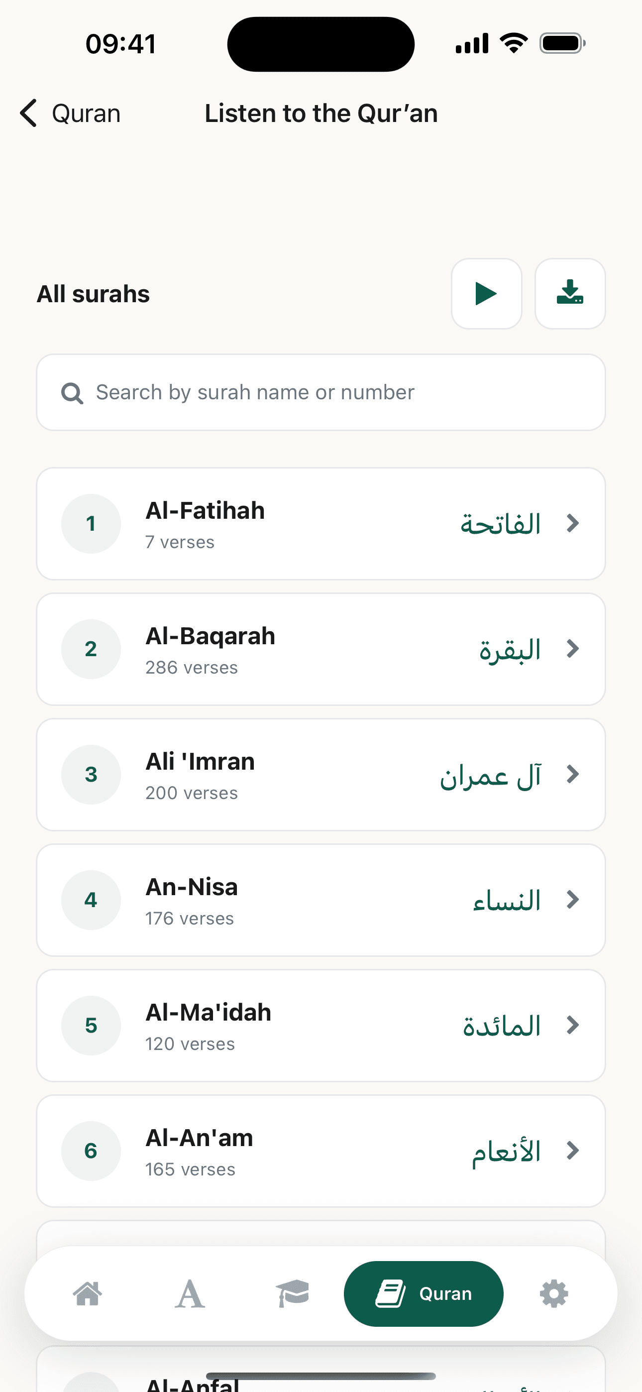 Kitaab Listening Mode showing a searchable list of all 114 surahs